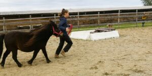 adolescente courant au coté d'un poney