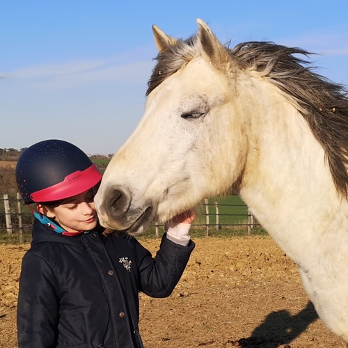 câlin entre petite fille et poney